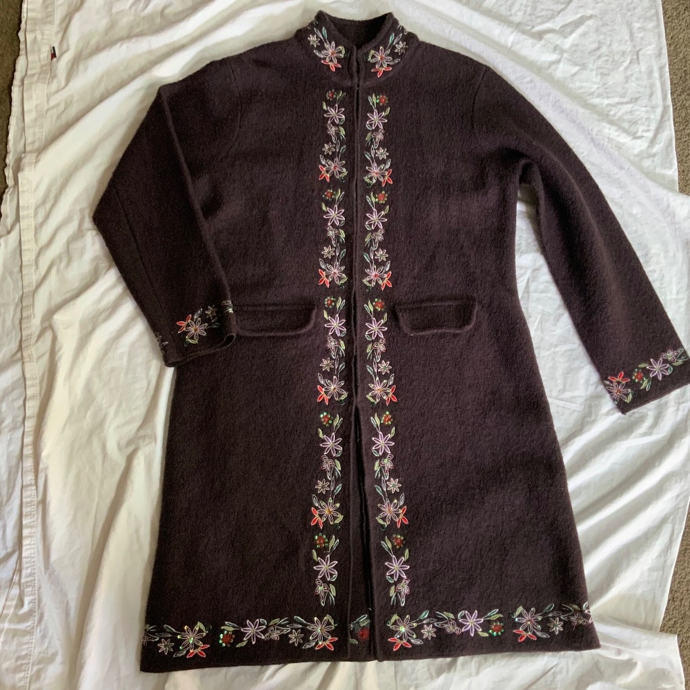 Long 100% Wool Jacket with Embroidered Trim (size XL)